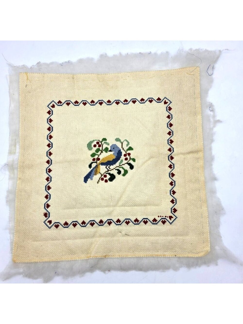 Vintage Folk Art Needlepoint Bird Pillow Top ONLY 12x12 Bluebird Floral Cottage